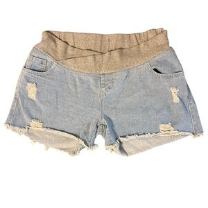 Women's Maternity Distressed Denim Shorts with Gray Belly Band